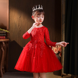蕾丝红色3-13岁花童装蓬蓬裙，礼服女裙童连衣裙，春秋款网袖儿童公主
