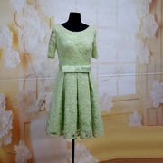 夏季绿色蕾丝半袖短款连衣裙演出绑带蝴蝶结小礼服76/82CC060