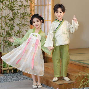 男童套装夏季汉服长袖中国风中大童唐装演出服表演服女童连衣裙子
