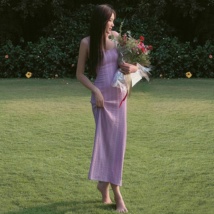 girlsat18紫色吊带裙长裙，女夏季法式性感修身海边气质针织连衣裙