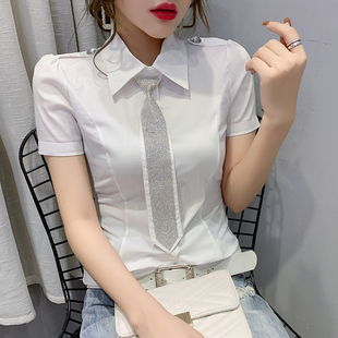 欧洲站夏季短袖带钻衬衫，女网红时尚显瘦网纱拼接棉白色衬衣t