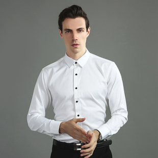 秋季免烫弹力衬衫男士白色黑扣子商务休闲长袖衬衣天丝光滑无口袋