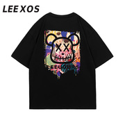 leexos短袖t恤男款卡通暴力，熊联名(熊，联名)宽松体恤圆领夏季半袖潮流时尚
