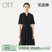 OTT商场同款夏款黑色桑蚕丝短袖连衣裙不对称裙子女装