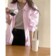陆续！高级感春日衬衫~韩国东大门翻领单排扣宽松长袖粉色衬衣女