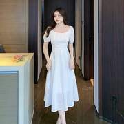 2024夏季甜美淑女小清新高级法式纯色短袖长款连衣裙