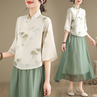新中式改良汉服套装裙女2024年夏季轻国风，旗袍上衣裙子两件套