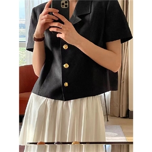 韩国东大门小香风法式优雅复古时髦透气麻料黑白短袖西服上衣