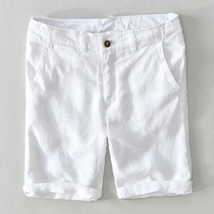 纯亚麻短裤男士休闲宽松透气直筒白色沙滩裤，麻布5分中腰五分裤潮