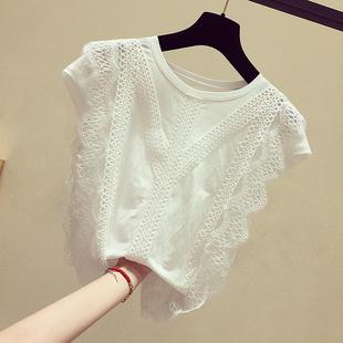 雪纺衫女短袖2024夏季t恤韩版宽松短款时尚洋气白色蕾丝上衣