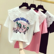 女童短袖T恤2024夏季中大童女孩洋气蕾丝娃娃领儿童短袖上衣t