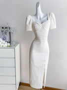 白色复古改良旗袍连衣裙女夏季长裙法式赫本风，高级感气质礼服裙子