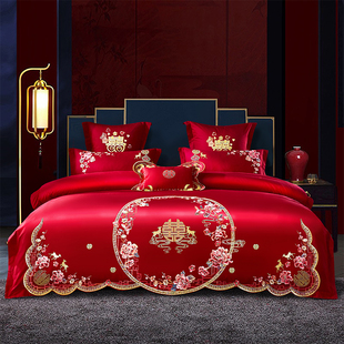 结婚庆被套床上四件套全棉纯棉刺绣喜被罩4件大红色婚房喜庆床品