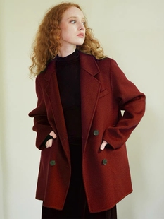 双面呢大衣西装宽松双排扣法式复古短款羊毛红色外套，女冬徐莫西(徐莫西)