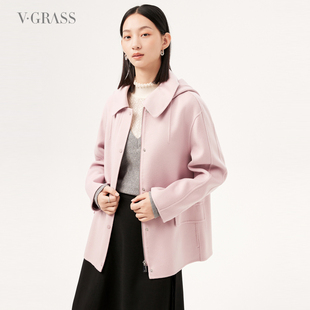 vgrass绵羊毛粉色短外套，冬季小个子连帽毛呢大衣女