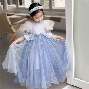 kw家女童艾莎公主裙夏装儿童，泡泡袖蓝色，网纱礼服生日长裙连衣裙