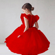 女童红色连衣裙飞飞袖公主裙儿童礼服花童主持人童裙蓬蓬纱演出服