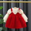 女童裙子 加厚白色T恤红色公主半身裙套装冬装周岁礼服加绒演出服