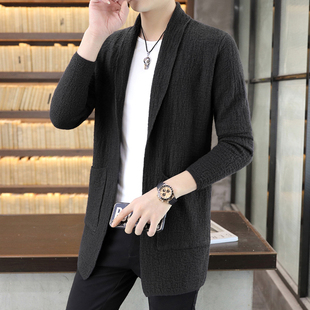 香港春秋季男士修身针织开衫，毛e衣，外套中长版风衣韩版翻领披