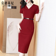 红色连衣裙2024女夏季短袖，v领修身显瘦气质包臀开叉长款裙子