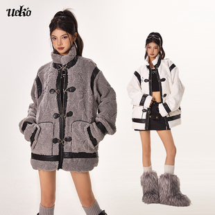 ueko冬季欧美立领中长款羊羔毛棉衣(毛棉衣)棉服，女个性皮扣羊羔绒加厚外套