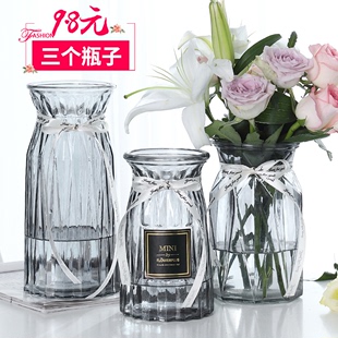三件套欧式创意客厅玻璃花瓶水培富贵竹鲜花透明插花花瓶摆件