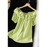 夏季的颜色定织青草绿自带肌理，女一字领双层荷叶边衬衫上衣86711