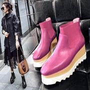 香港2023秋季真皮，小短靴女防水台坡跟松糕，厚底马丁靴大码女靴