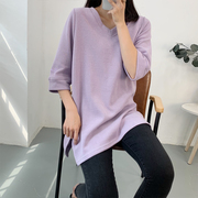 秋春紫色七分袖t恤女装宽松冬季内搭中长款打底衫v领上衣洋气