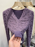 紫色V领蕾丝打底k衫女秋冬季2023设计感内搭加绒加厚磨毛上衣