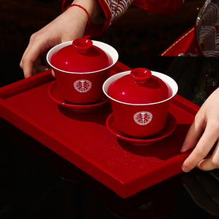 结婚用品改口敬茶杯套装一对喜碗筷杯子，婚礼红色茶具敬酒陪嫁大全