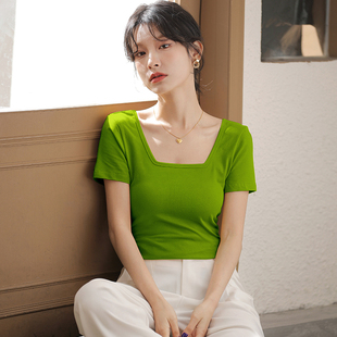 绿色方领纯棉短袖t恤女夏季2023大领口锁骨纯色紧身半袖上衣