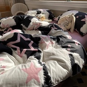 北欧风五角星针织棉四件套水洗棉柔软裸睡女生床单被套粉色三件套