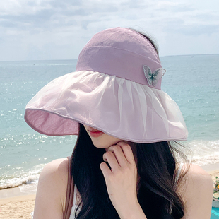 夏季太阳帽女款时尚空顶帽网纱蝴蝶优雅气质防晒帽可折叠遮阳帽