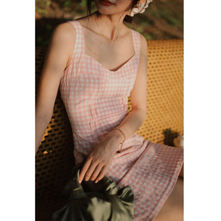 belastudio澳洲小众设计度假风夏季清新粉色格纹连衣裙博主同款