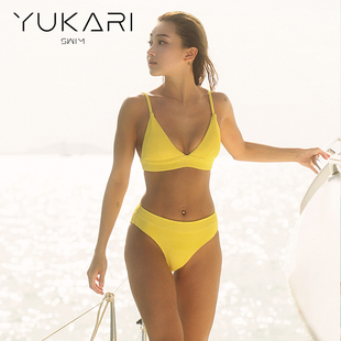 Yukari swim 无钢托带胸垫高腰性感比基尼泳衣 深V两件套分体泳装