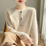 100%纯羊绒开衫女圆领一线成衣提花，长袖针织衫毛衣宽松羊毛衫外套