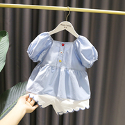 1-5岁女宝宝洋气小清新搭配套装女童夏装3女婴儿童牛仔娃娃衫短裤