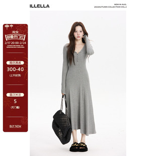 illella纽扣v领连衣裙，2024时尚性感气质，修身显瘦收腰x型长裙