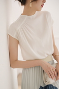 白色真丝短袖上衣女设计感小众轻熟法式高级感复古气质桑蚕丝衬衫