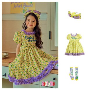 23夏季韩国女童装孩子黄色紫色花朵花边泡泡短袖连衣裙3362