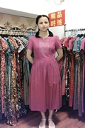 桂林系品牌夏季圆领短袖中腰文艺民族风淑女棉中长修身纯色连衣裙