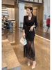 黑色拼接网纱长裙，2024春夏设计感法式赫本风，开叉亮片包臀裙女
