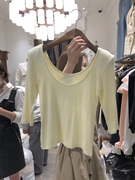 韩国东大门2024春夏女气质大圆领，纯色七分袖，纯棉打底短袖t恤