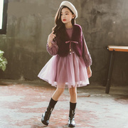 韩国女童秋冬款连衣裙2024儿童装加绒加厚马甲两件套装公主裙