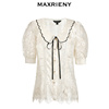 奥莱maxrieny翻领，雪纺上衣女，蝴蝶结短袖蕾丝开衫