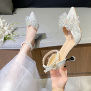 法式绸缎凉鞋女2023年夏季新娘配婚纱婚鞋伴娘鞋成人礼粗细跟