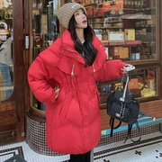 超好看红色立领羽绒服女中长款2023冬季高级感白鸭绒保暖外套