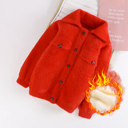 4岁6男童女童毛衣外套开衫红色秋冬装儿童宝宝加绒加厚水貂绒