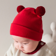 红色纯棉套头婴儿帽子春秋，胎帽初生宝宝帽子周岁，百天可爱超萌秋冬